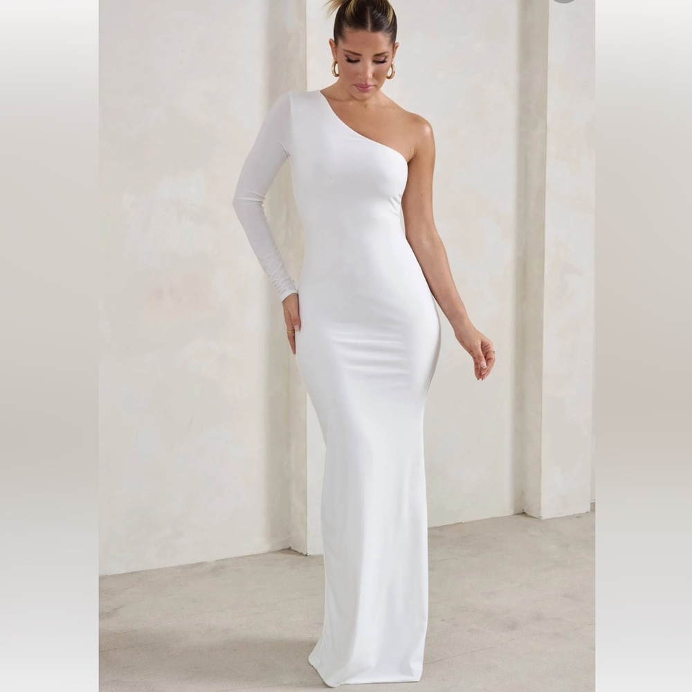Sabo Skirt White One Shoulder Split Maxi Dress Floor Length Stretch Cotton Dress